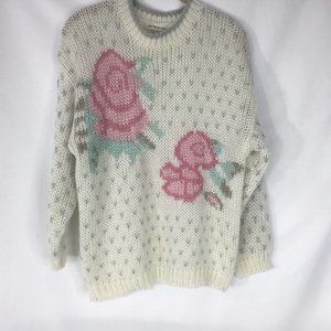 Exclusive Imports Sweater Knitted by Hand Women Cream /Roses Siz L Vintage
